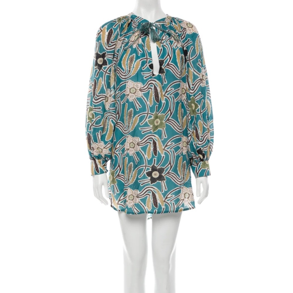 Ulla Johnson Teal Floral Long-Sleeve Mini Dress-S